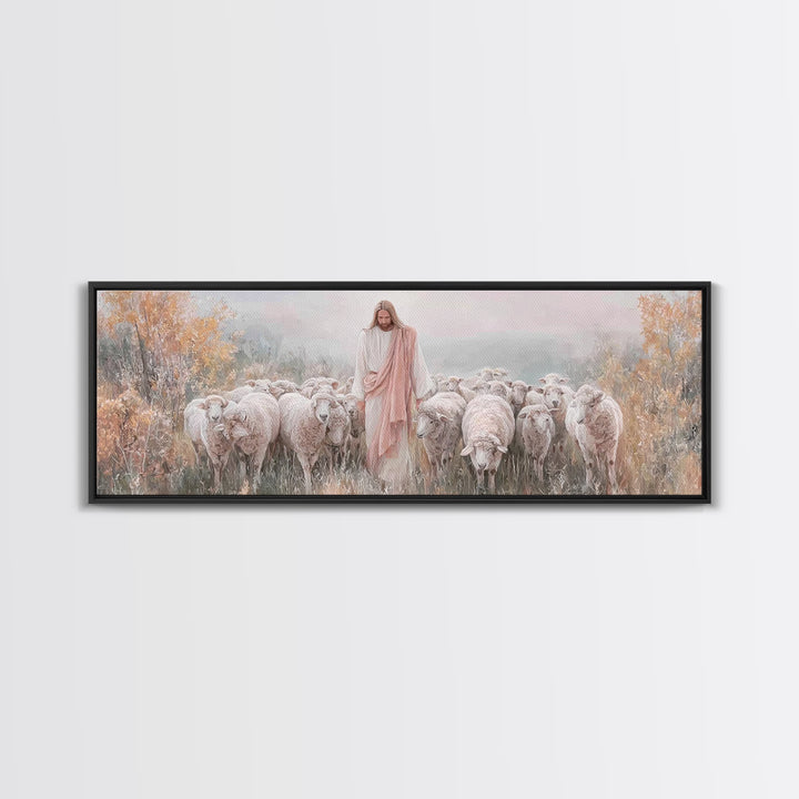 Pasture Of Mercy – Framed Canvas Print – Panoramic Wall Art – Christian Art Canvas – Jesus Painting – Christian Christmas