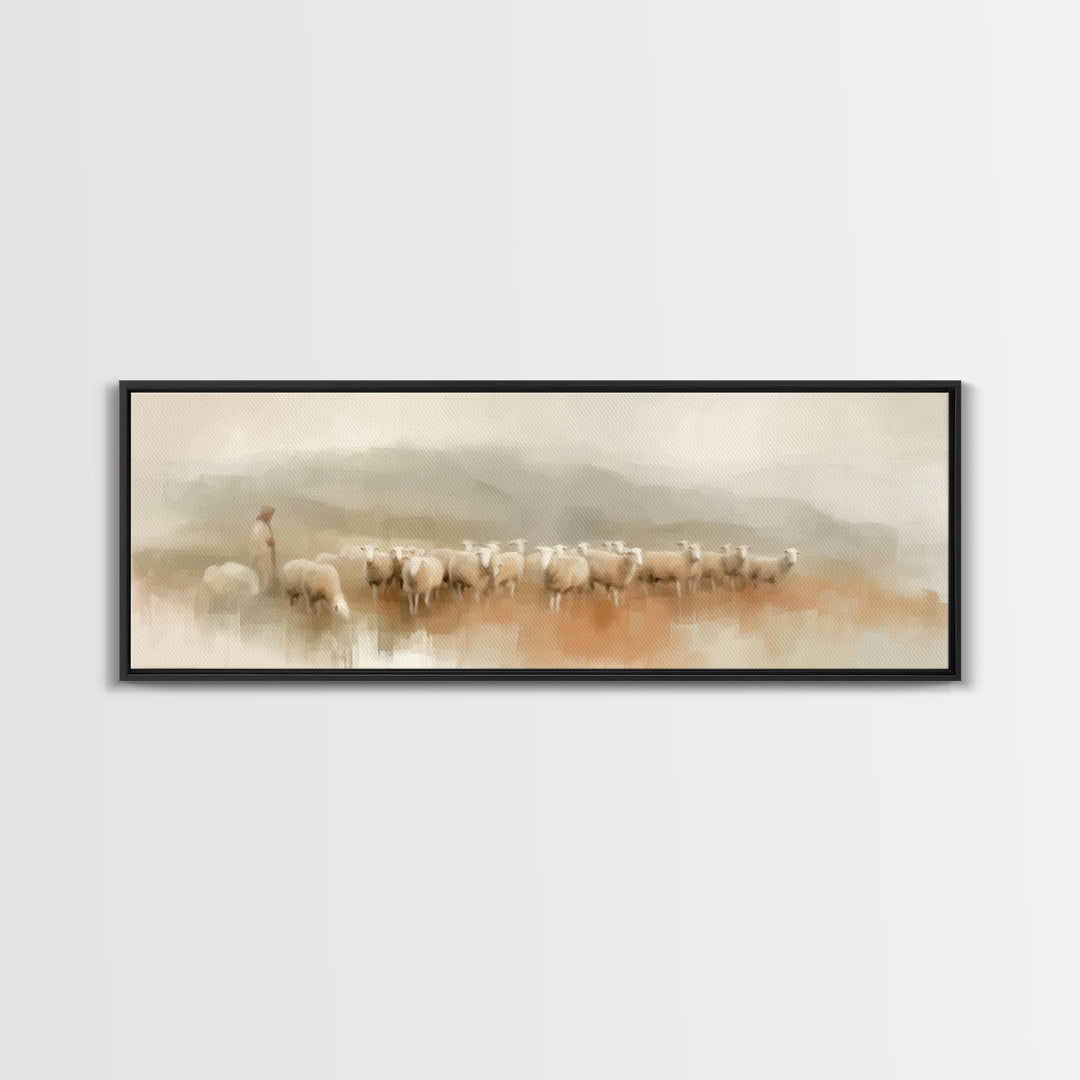 Morning Shepherd Peace, Framed Canvas Print, Panoramic Print, Christian Wall Art, Jesus Painting, Christmas Art