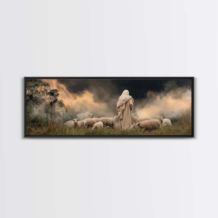 Shepherd’s Calm Dawn – Framed Canvas Print – Panoramic Art – Christian Art – Jesus Painting – Christmas Wall Art