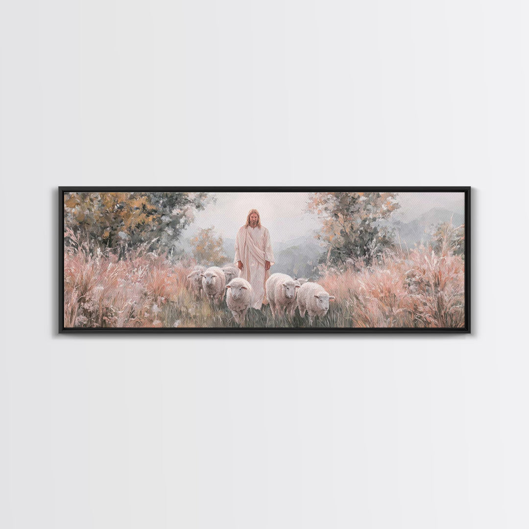 Everlasting Pasture, Framed Canvas Print, Panoramic Wall Art, Christian Art Canvas, Jesus Painting, Christmas Art