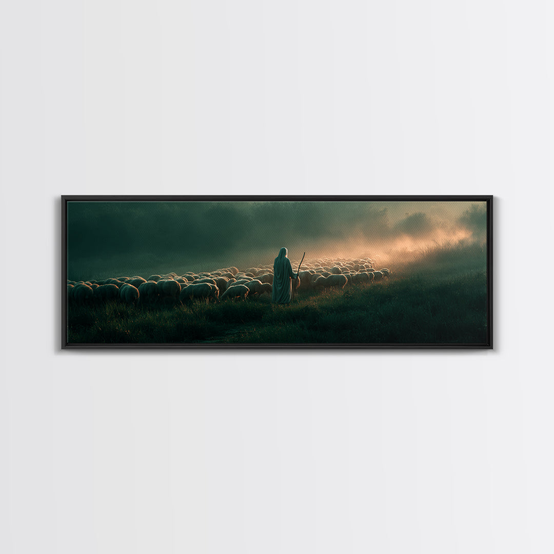 Shepherd’s Gentle Path | Framed Canvas Print | Panoramic Frame | Christian Art | Jesus Painting | Christmas Art