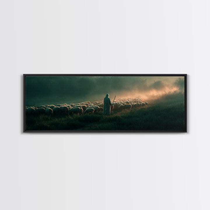 Shepherd’s Gentle Path | Framed Canvas Print | Panoramic Frame | Christian Art | Jesus Painting | Christmas Art