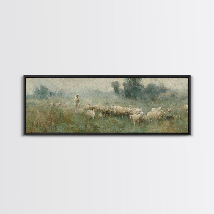 Meadow Of Guidance | Framed Canvas Print | Panoramic Wall Art | Christian Art | Jesus Painting | Christmas Art