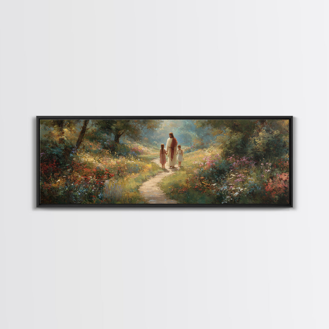 Sunlit Garden Peace – Framed Canvas Print – Panoramic Art – Jesus Painting – Christian Wall Art – Christian Art Print