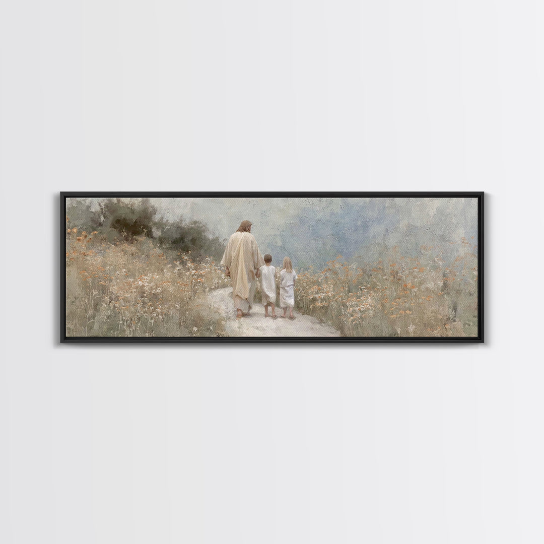 Quiet Meadow Journey, Framed Canvas Print, Panoramic Wall Art, Christian Art Print, Jesus Painting, Christian Art