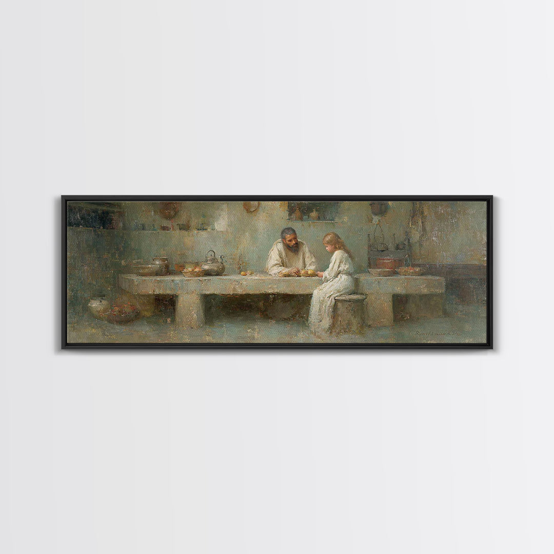 The Quiet Workshop | Framed Canvas Print | Christian Wall Art | Christian Art Canvas | Panoramic Painting | Jesus Painting | Christian Deco