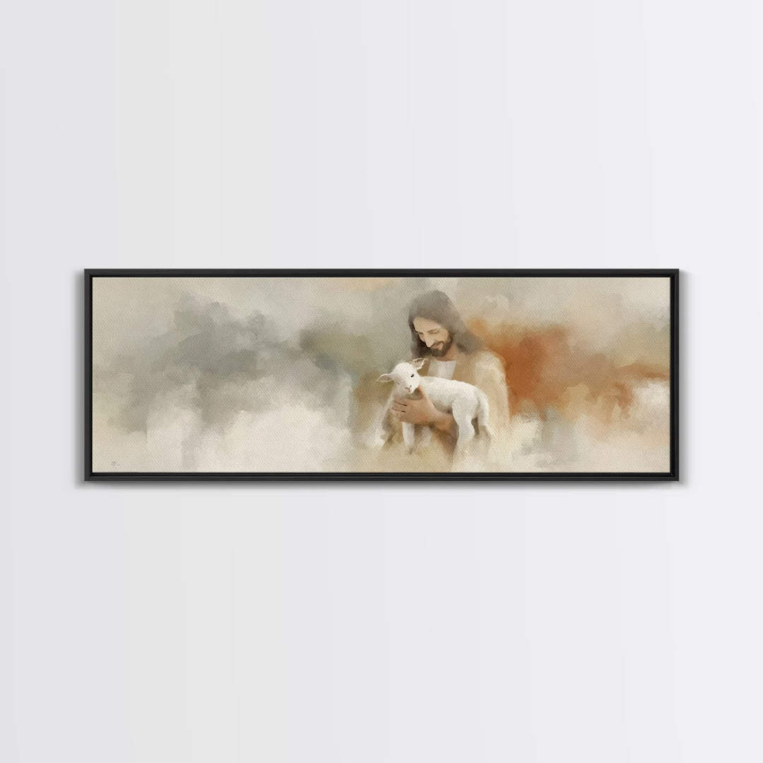 Lamb Of Comfort | Framed Canvas Print | Panoramic Painting | Christian Art Canvas | Jesus Painting | Christian Wall Art | Christian Gift