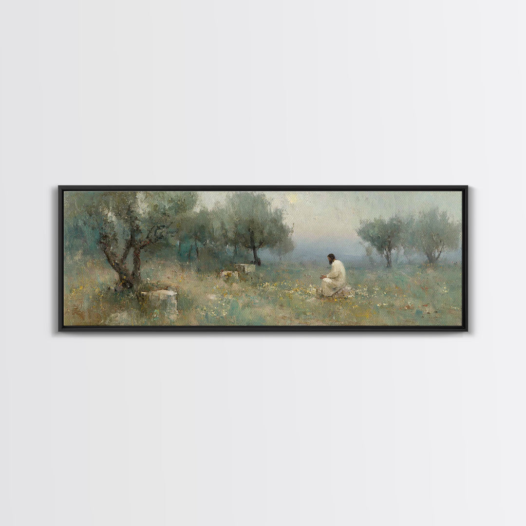 Olive Grove Light – Framed Canvas Print – Jesus Painting – Panoramic Print – Christian Art Canvas – Christian Wall Art – Moody Christian Ar
