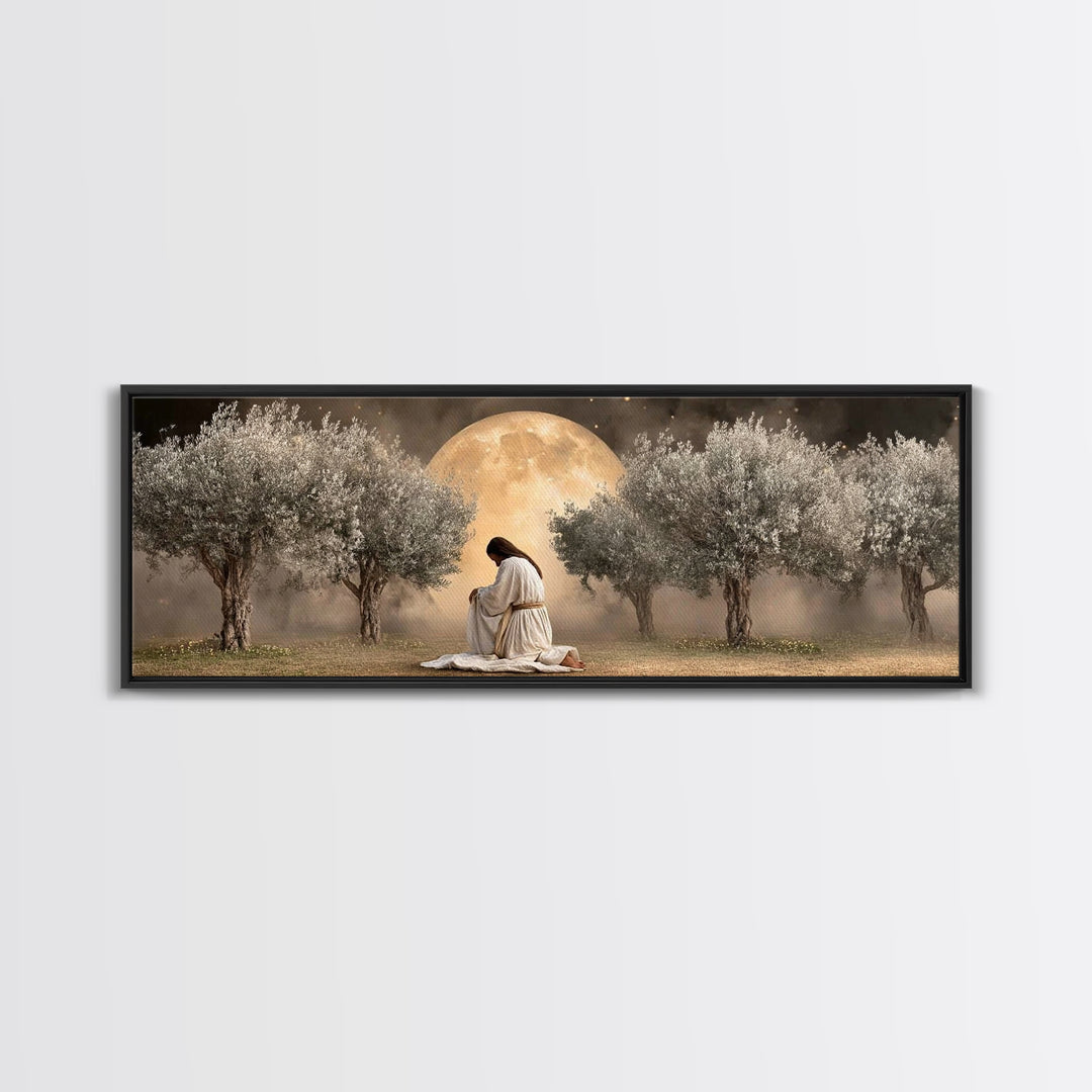Garden Of Prayer, Framed Canvas Print, Christian Art, Jesus Painting, Panoramic Art, Christian Decor, Christian Gift, Large Christian Art,
