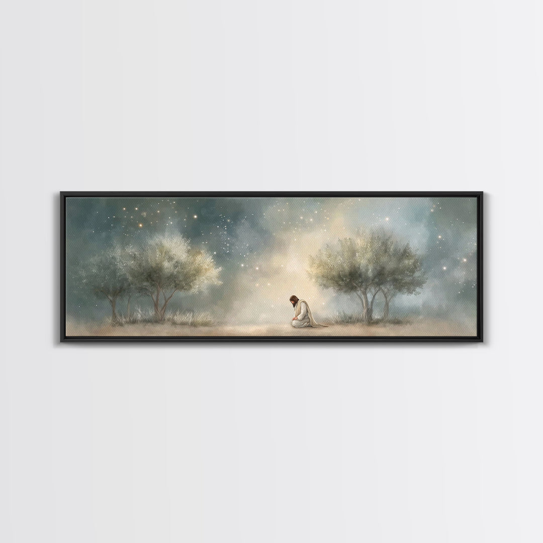 Night Of Devotion – Framed Canvas Print – Christian Art – Jesus Painting – Panoramic Art – Christian Decor – Christian Gift – Large Christi