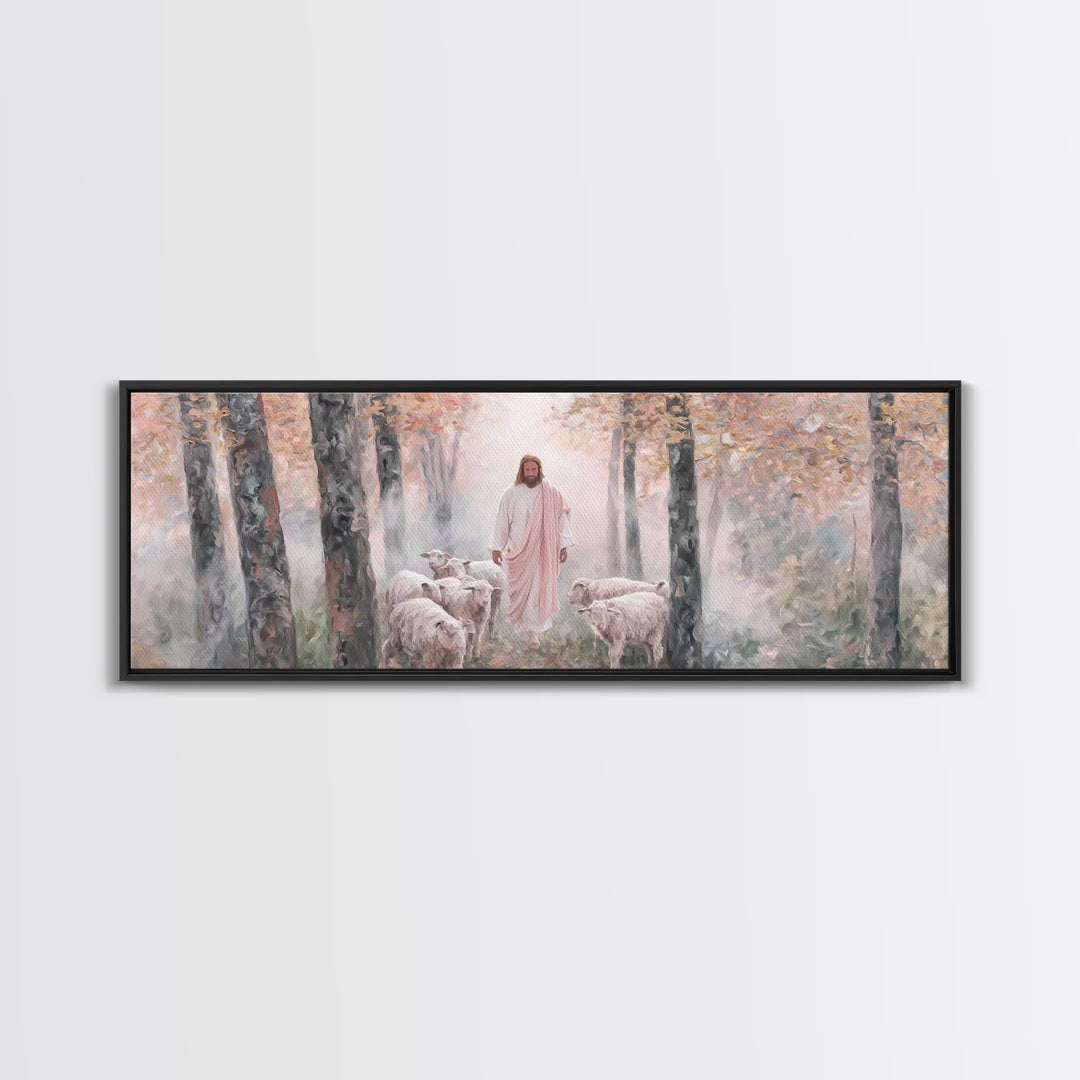 Mist Of The Flock, Framed Canvas Print, Christian Art, Jesus Painting, Panoramic Art, Christian Decor, Christian Gift, Large Christian Art,