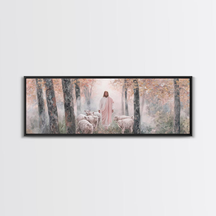 Mist Of The Flock, Framed Canvas Print, Christian Art, Jesus Painting, Panoramic Art, Christian Decor, Christian Gift, Large Christian Art,