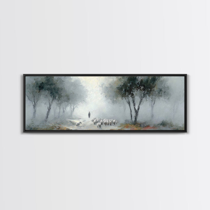 Morning Shepherd Calm – Framed Canvas Print – Panoramic Print – Christian Art Work – Christian Christmas Art – Jesus Painting – Christian D