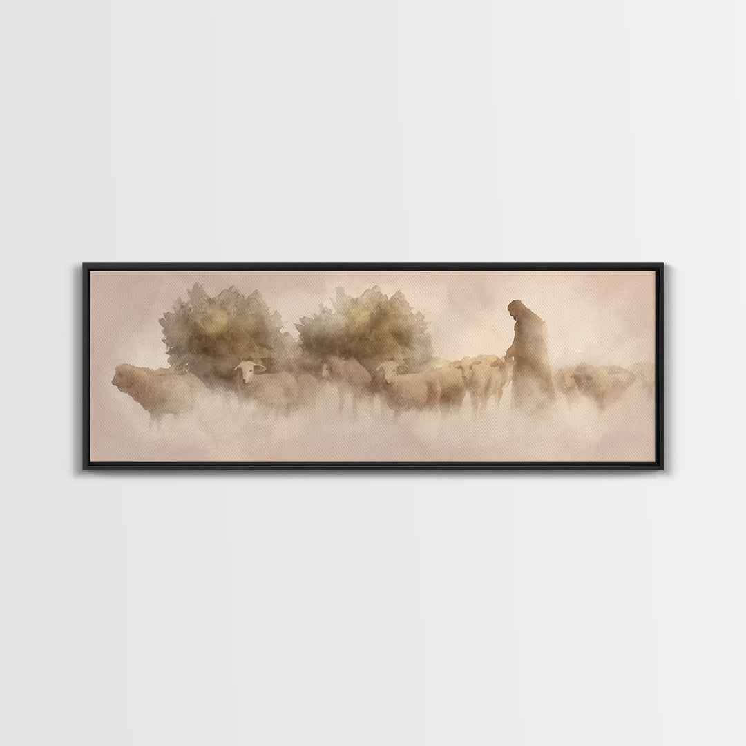 Shepherd Of Dawn | Framed Canvas Print | Panoramic Frame | Christian Art Canvas | Jesus Wall Art | Christmas Art | Christian Gift Ideas