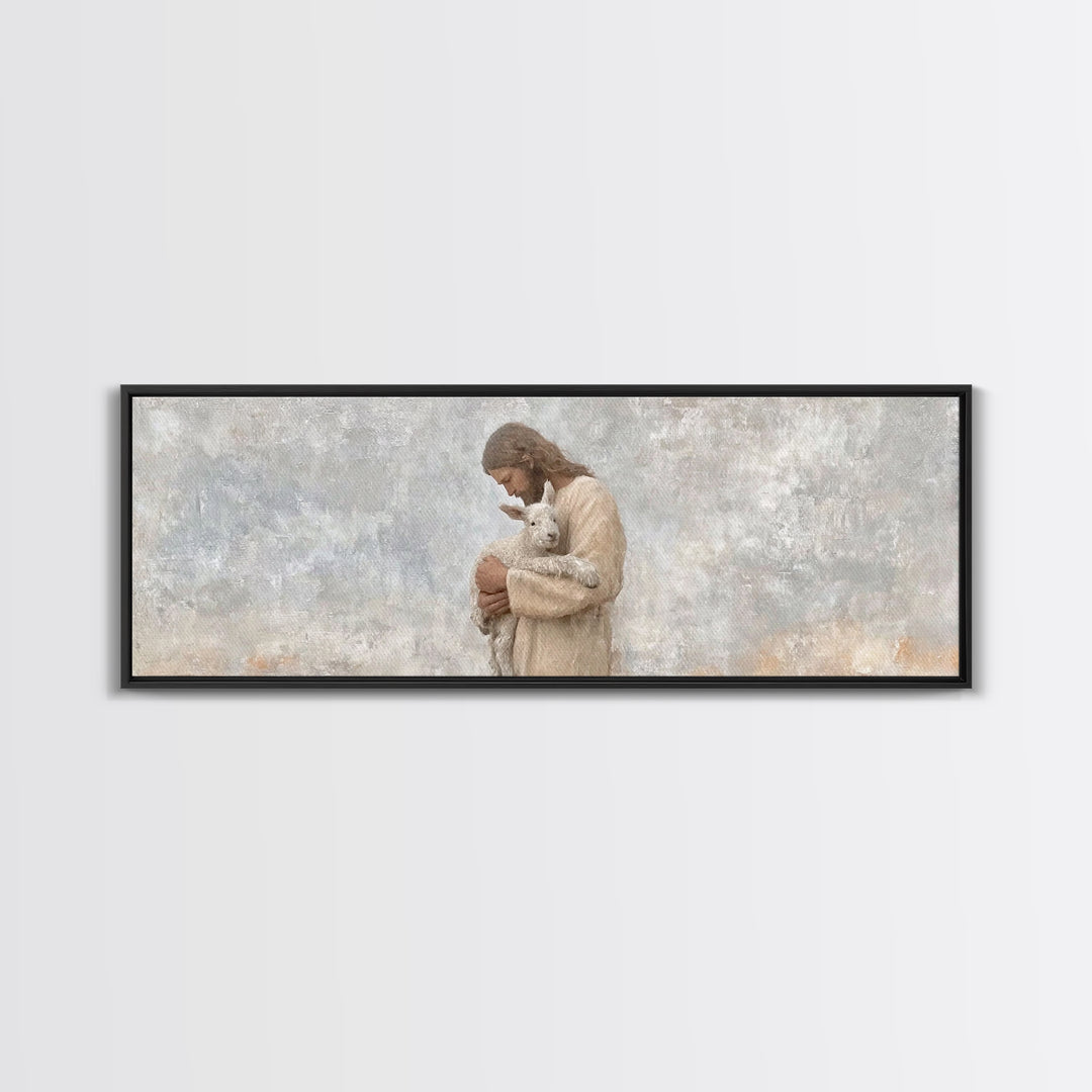 Lamb Of Comfort – Framed Canvas Print – Panoramic Wall Art – Jesus Christmas Art – Christian Art Print – Christmas Canvas Wall Art – Christ