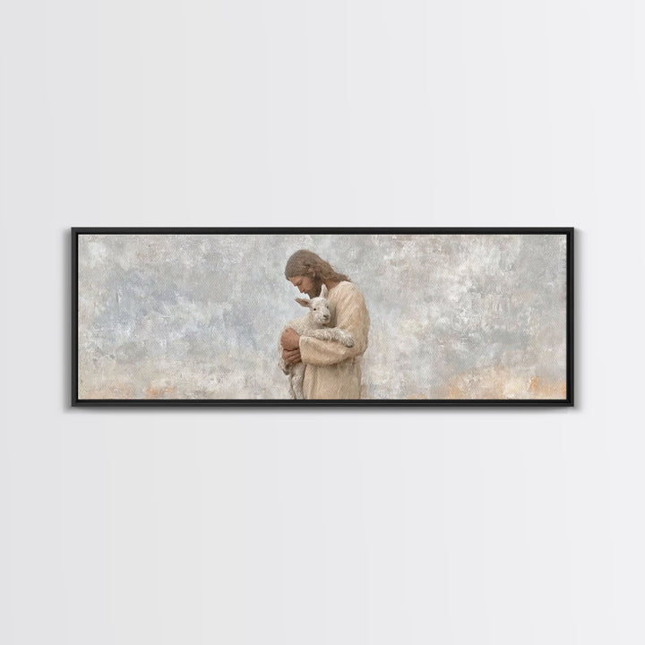 Lamb Of Comfort – Framed Canvas Print – Panoramic Wall Art – Jesus Christmas Art – Christian Art Print – Christmas Canvas Wall Art – Christ