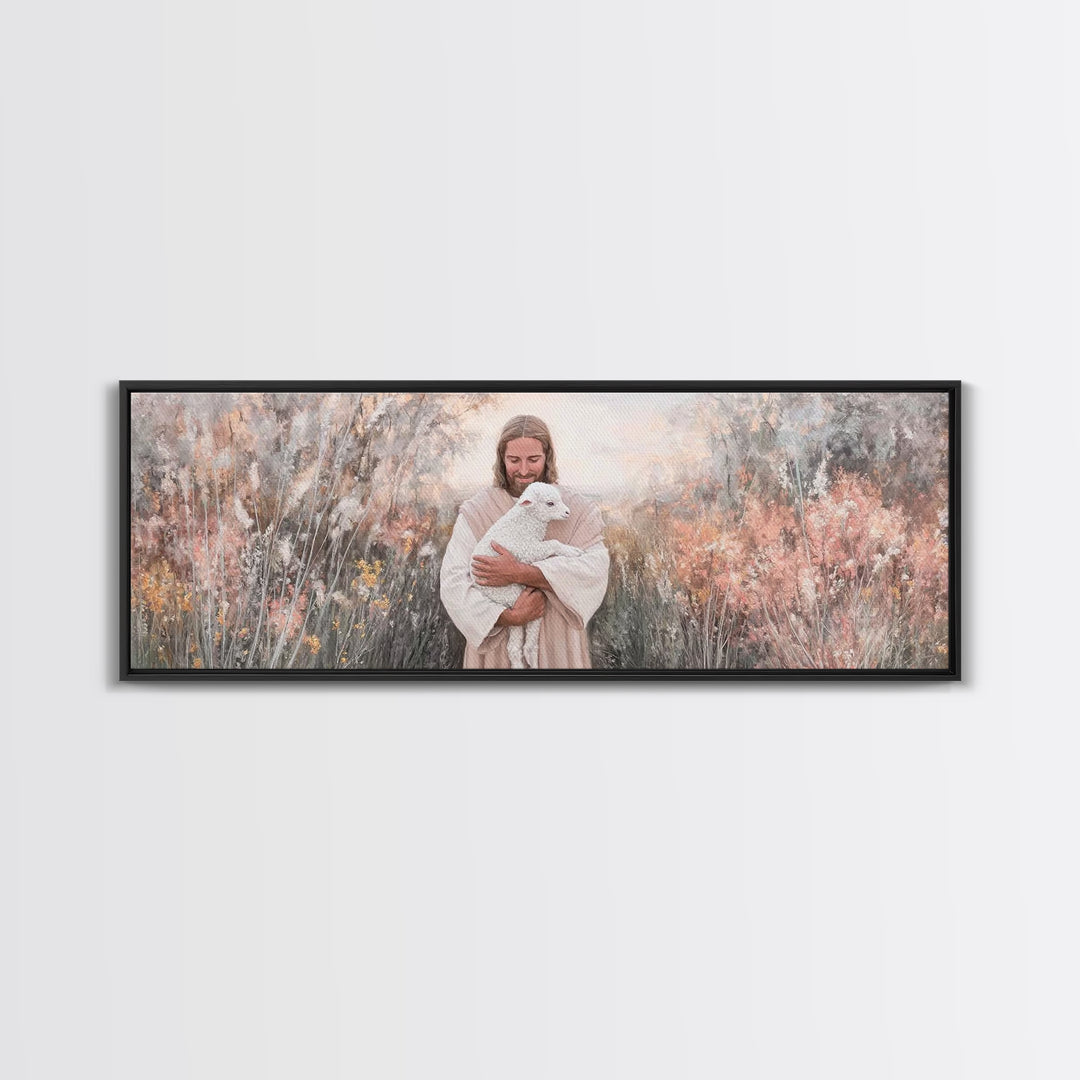 Compassionate Shepherd, Framed Canvas Print, Panoramic Print, Jesus Canvas Art, Christian Wall Art, Christmas Art Prints, Modern Christian