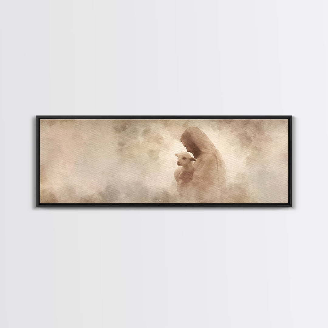 Tender Shepherd Love | Framed Canvas Print | Panoramic Wall Art | Jesus Painting | Christian Art Print | Christian Christmas Art | Modern C