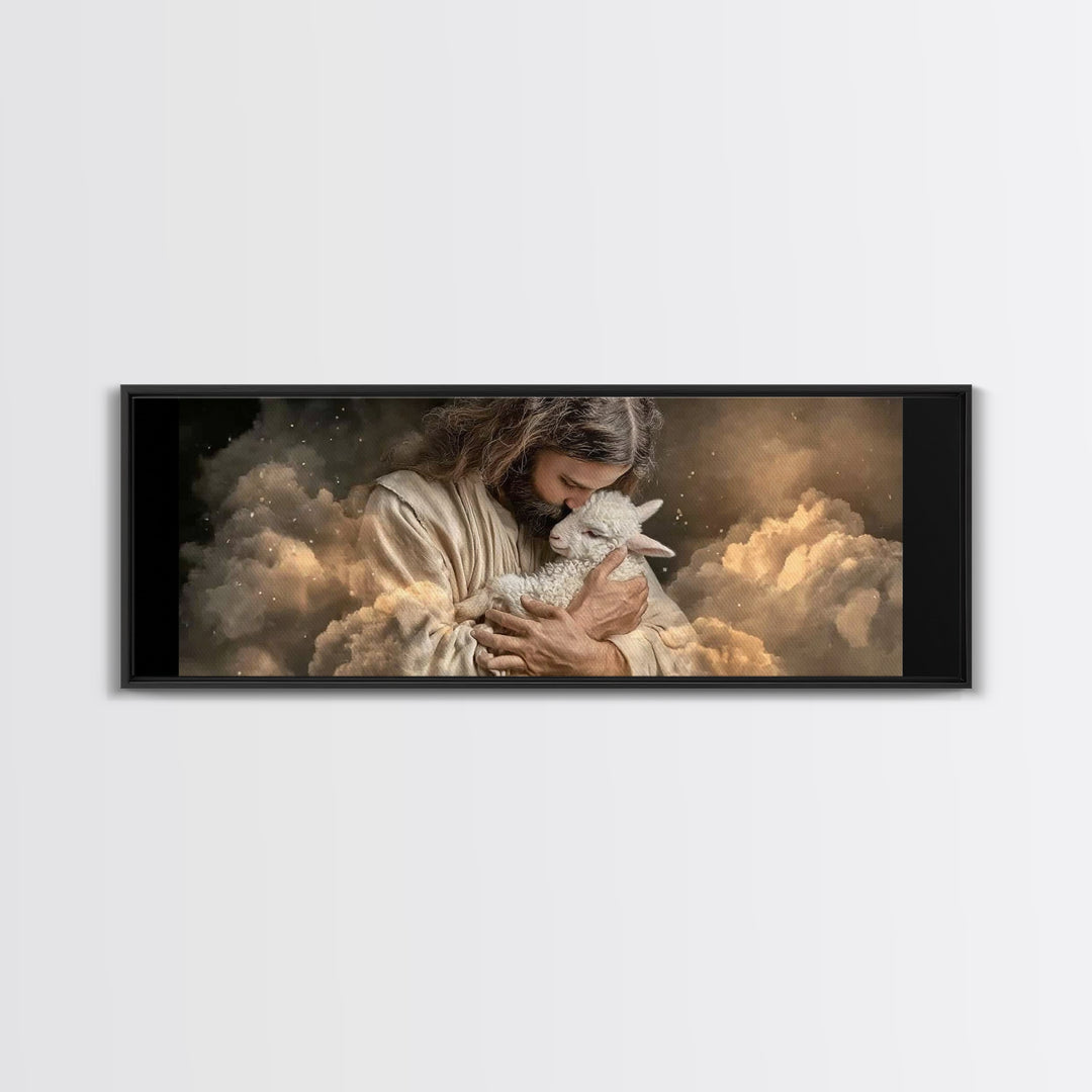 Sacred Lamb Embrace – Framed Canvas Print – Panoramic Frame – Christian Art Canvas – Jesus Wall Art – Christmas Art Work – Christian Gift I