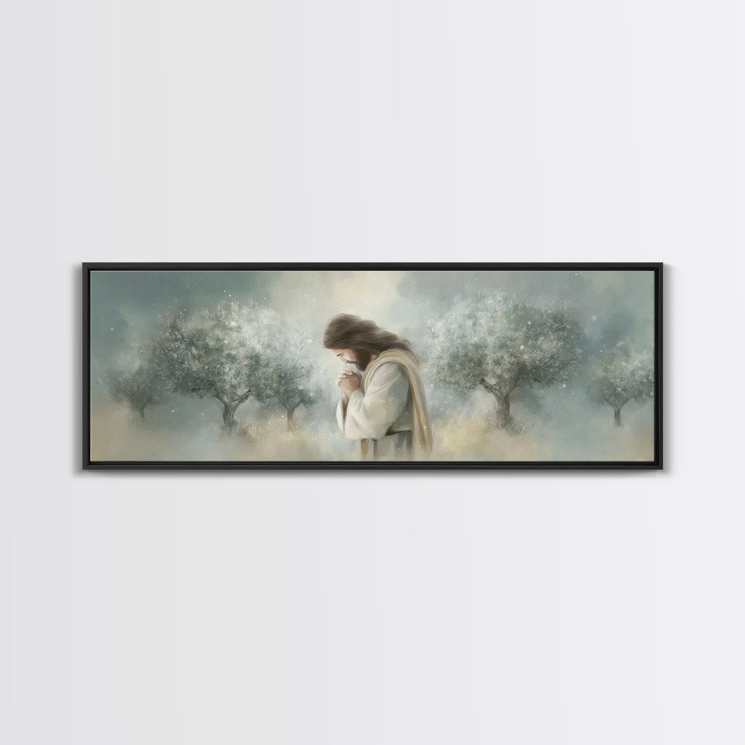 Olive Grove Prayer – Framed Canvas Print – Panoramic Painting – Christian Art Canvas – Jesus Painting – Christmas Wall Art – Subtle Christi