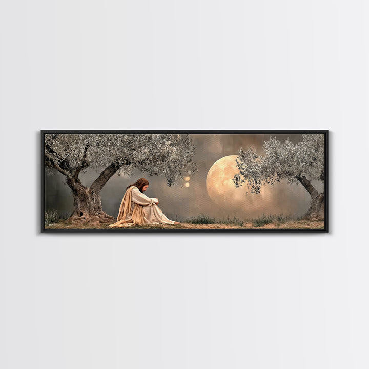 Moonlit Garden Prayer, Framed Canvas Print, Panoramic Painting, Jesus Painting Canvas, Christian Art Canvas, Christian Wall Art, Christmas