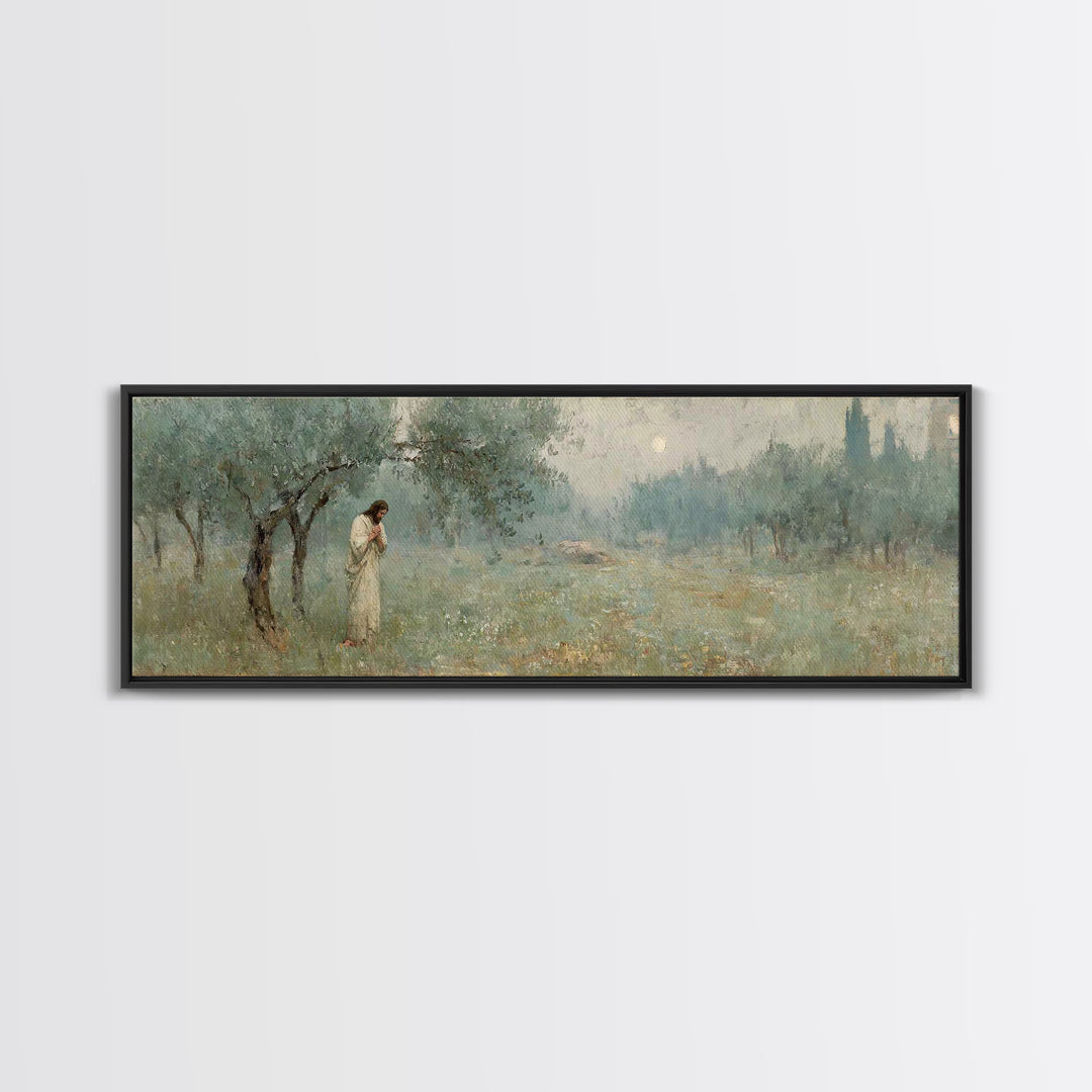Olive Grove Prayer, Framed Canvas Print, Panoramic Wall Art, Christian Art Canvas, Jesus Painting, Christian Wall Art, Christian Christmas