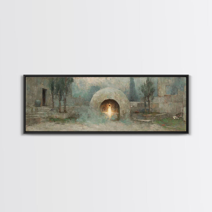 Silent Tombstone Glow, Framed Canvas Print, Panoramic Frame, Christian Art Canvas, Christian Painting, Jesus Wall Art, Christian Christmas