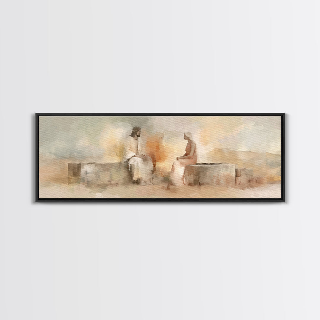 Living Water Meeting | Framed Canvas Print | Panoramic Wall Art | Christian Art Canvas | Christian Painting | Jesus Art Print | Christian D