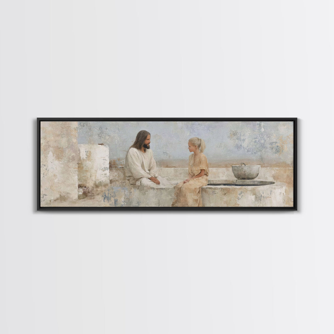 Quiet Well Encounter | Framed Canvas Print | Christian Art Canvas | Jesus Painting | Panoramic Painting | Christian Wall Art | Christian Gi