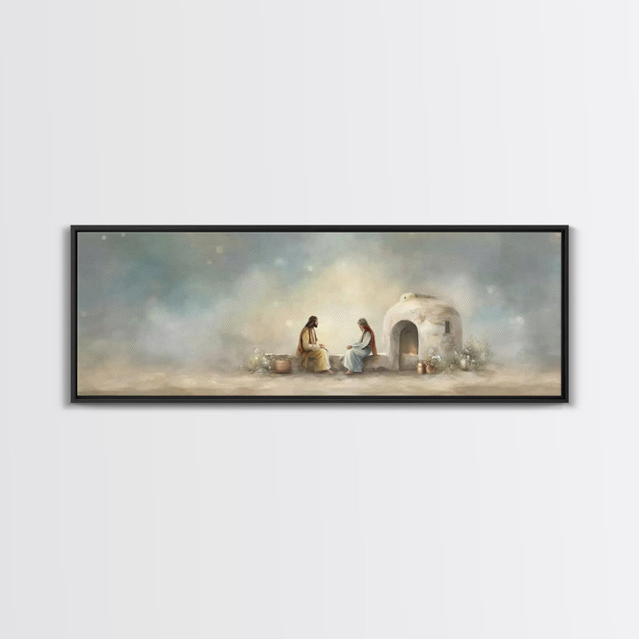 Morning At The Well, Framed Canvas Print, Christian Wall Art, Panoramic Art, Jesus Painting, Christian Decor, Christian Art Print