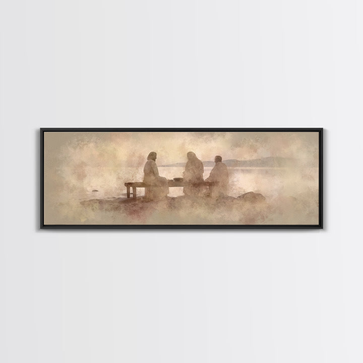Shoreline Communion, Framed Canvas Print, Christian Wall Art, Christian Art Canvas, Panoramic Art, Jesus Painting, Christian Gift