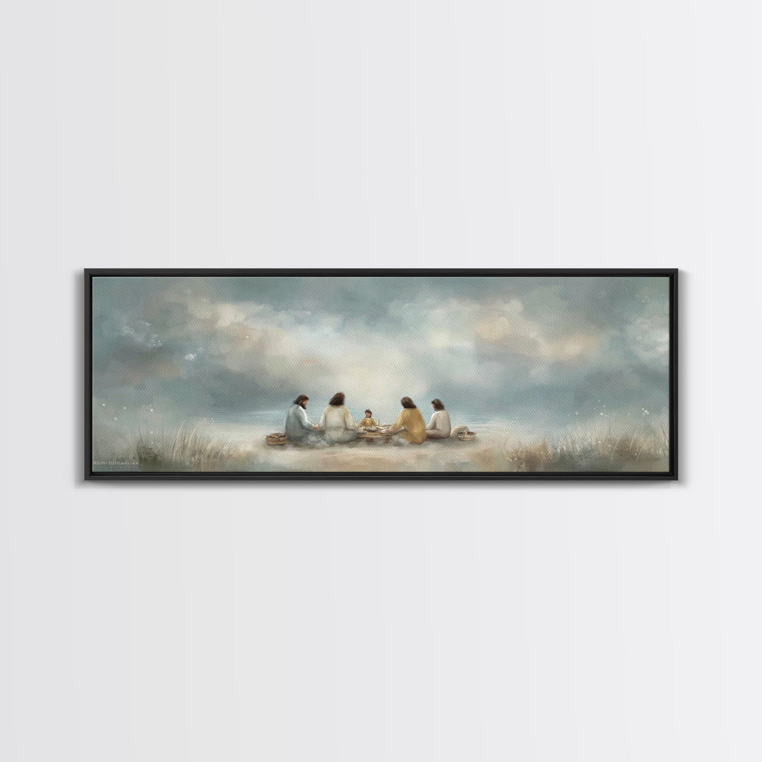 Harbor Meal Blessing | Framed Canvas Print | Christian Wall Art | Jesus Painting | Christian Art Canvas | Panoramic Painting | Christian Gi