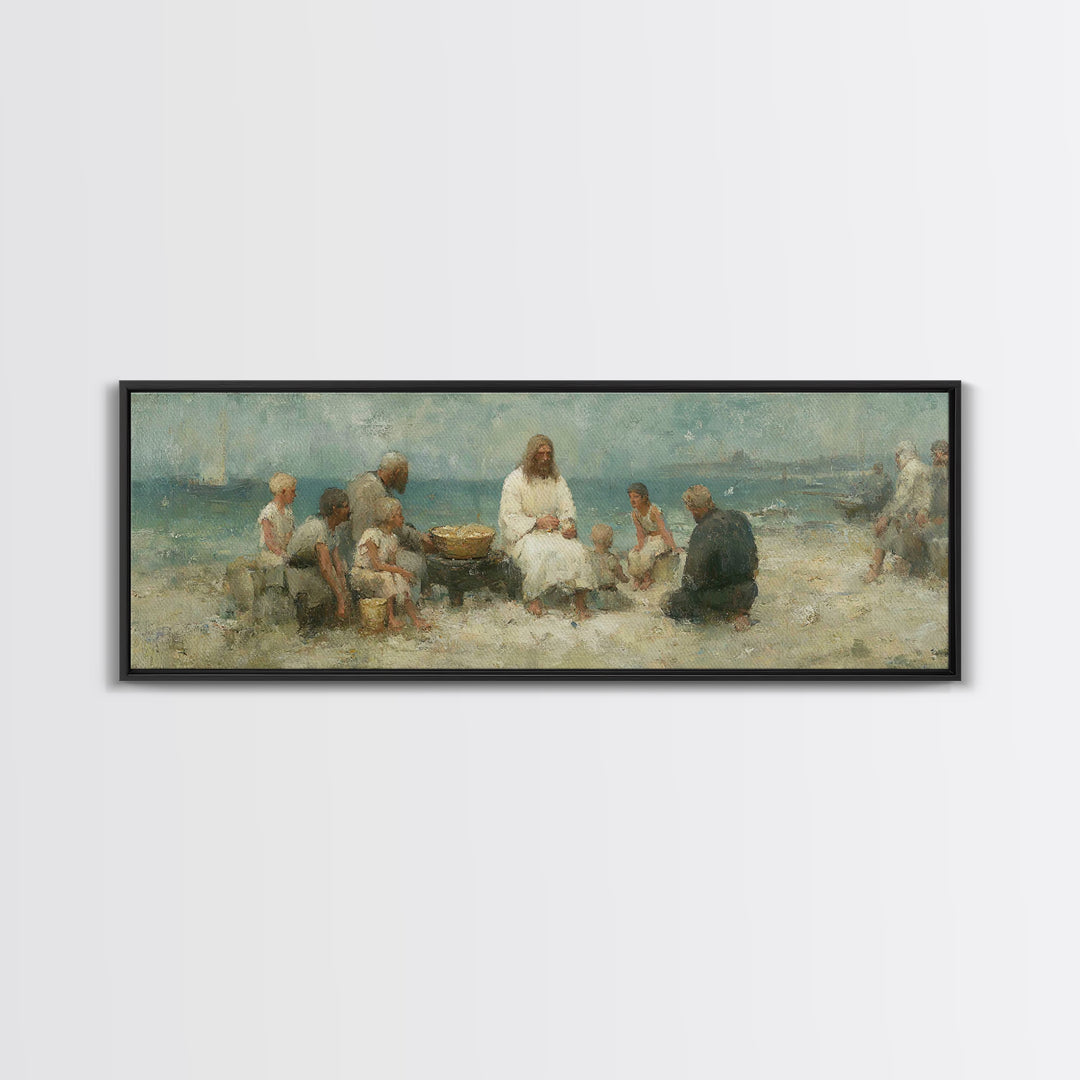 Lakeside Bread Sharing, Framed Canvas Print, Christian Art Canvas, Panoramic Wall Art, Christian Decor, Jesus Painting, Christian Wall Art