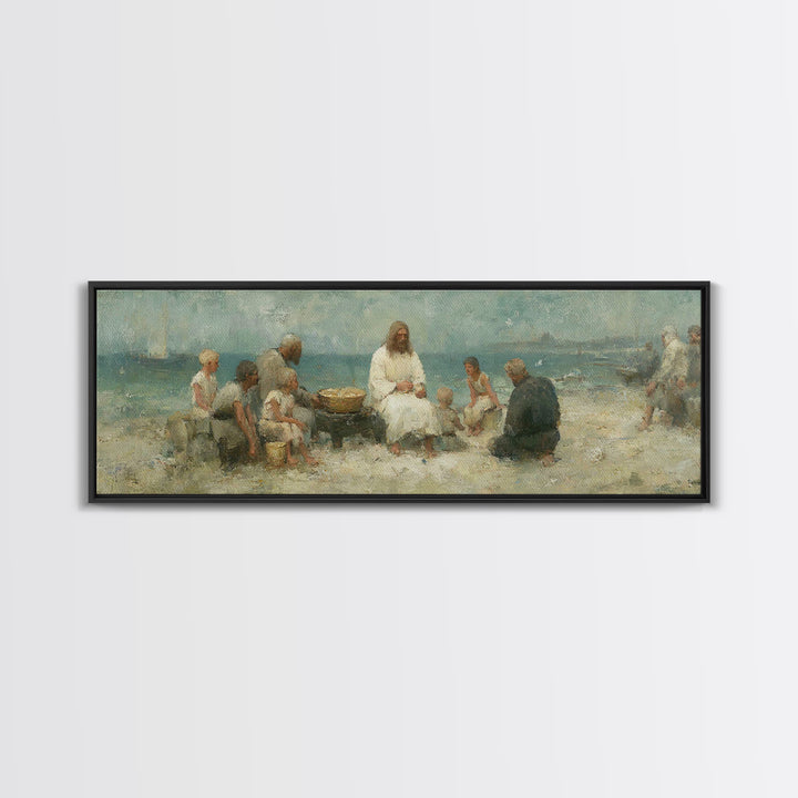 Lakeside Bread Sharing, Framed Canvas Print, Christian Art Canvas, Panoramic Wall Art, Christian Decor, Jesus Painting, Christian Wall Art