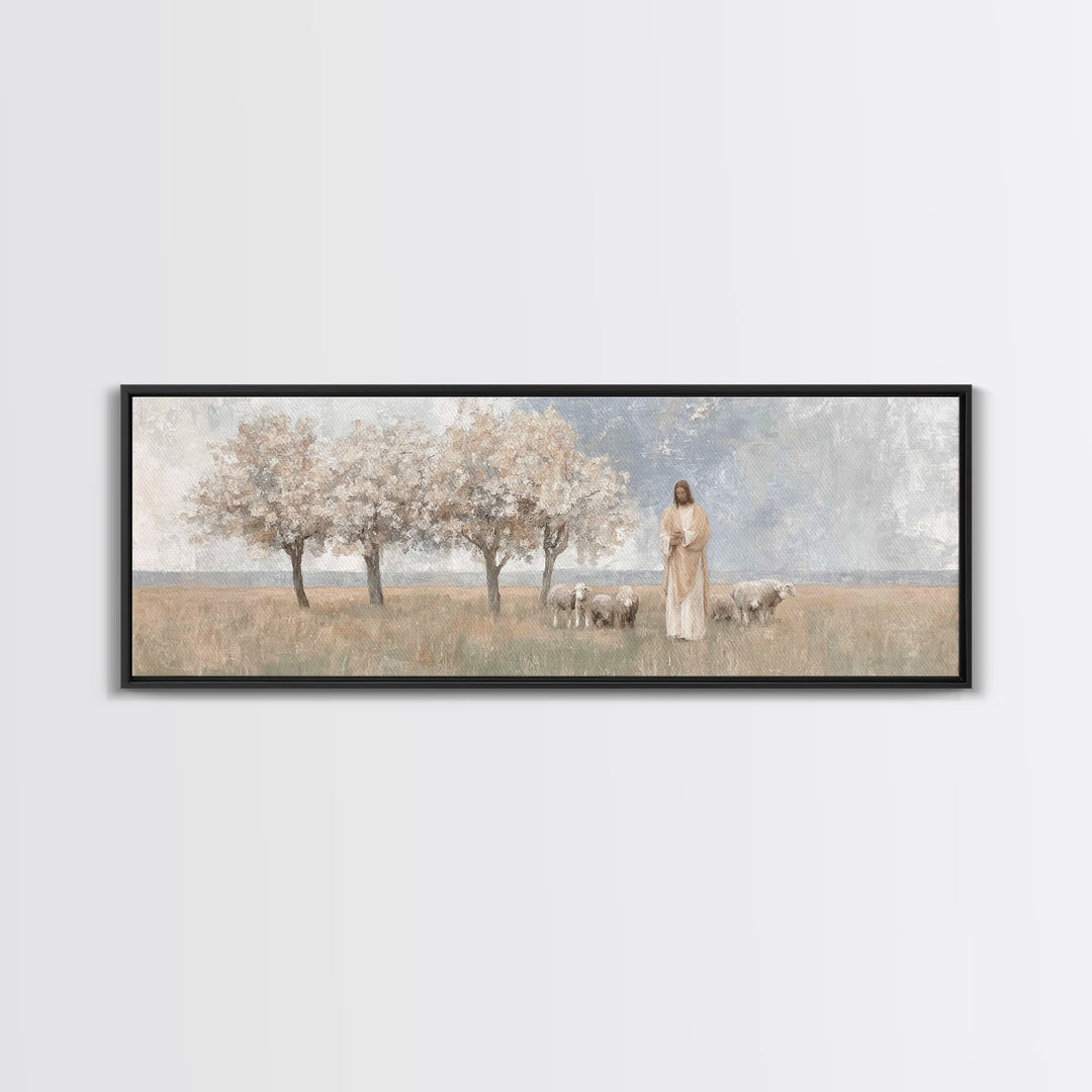 Gentle Meadow Guide | Framed Canvas Print | Christian Art Canvas | Panoramic Frame | Christian Wall Art | Jesus Painting | Christian Gift