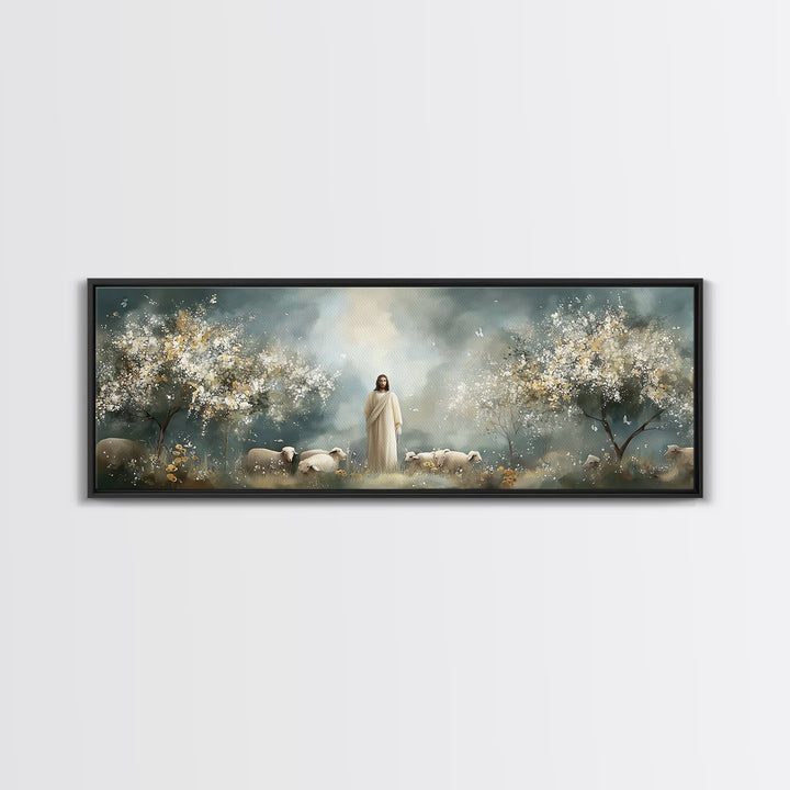 Heavenly Pasture Bloom – Framed Canvas Print – Panoramic Art – Christian Wall Art – Christian Art Canvas – Jesus Painting – Christian Gift