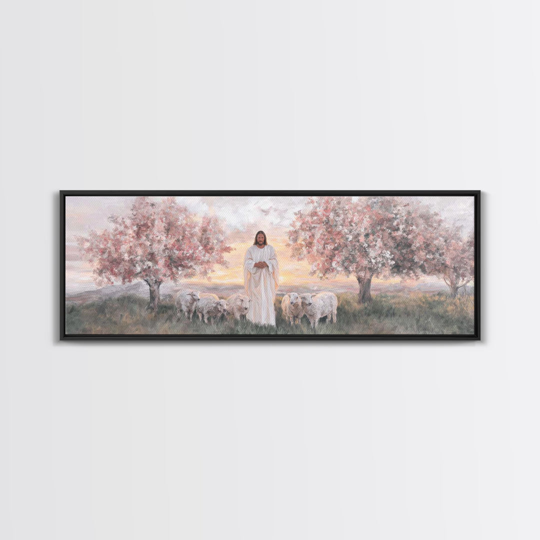 Sunrise Shepherd Calm | Framed Canvas Print | Panoramic Wall Art | Christian Art Canvas | Jesus Painting | Christian Art | Christian Gift