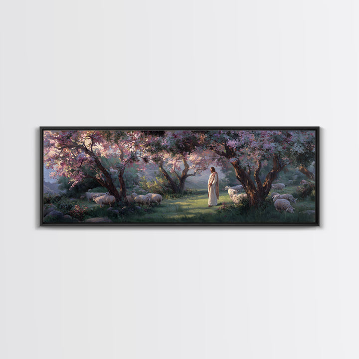 Garden Of The Shepherd, Framed Canvas Print, Panoramic Art, Christian Wall Art, Christian Art Canvas, Jesus Painting, Christian Gift