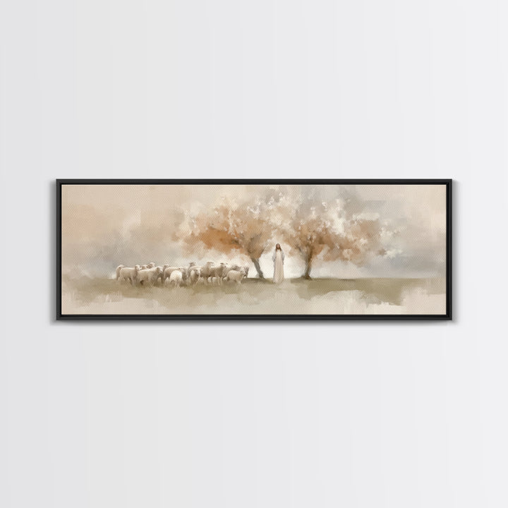 The Shepherd’s Calm – Framed Canvas Print – Christian Wall Art – Jesus Painting – Panoramic Art – Christian Art Canvas – Christian Christma