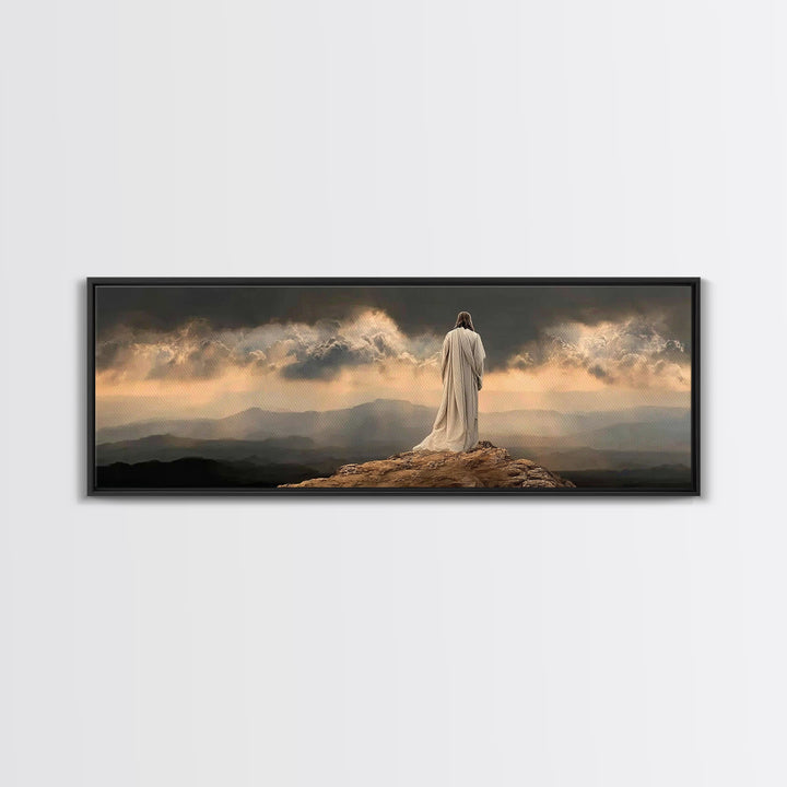Stormlight Messiah - Framed Canvas Print - Christian Wall Art - Jesus Painting - Panoramic Frame - Christian Art Canvas - Christmas Art Fra