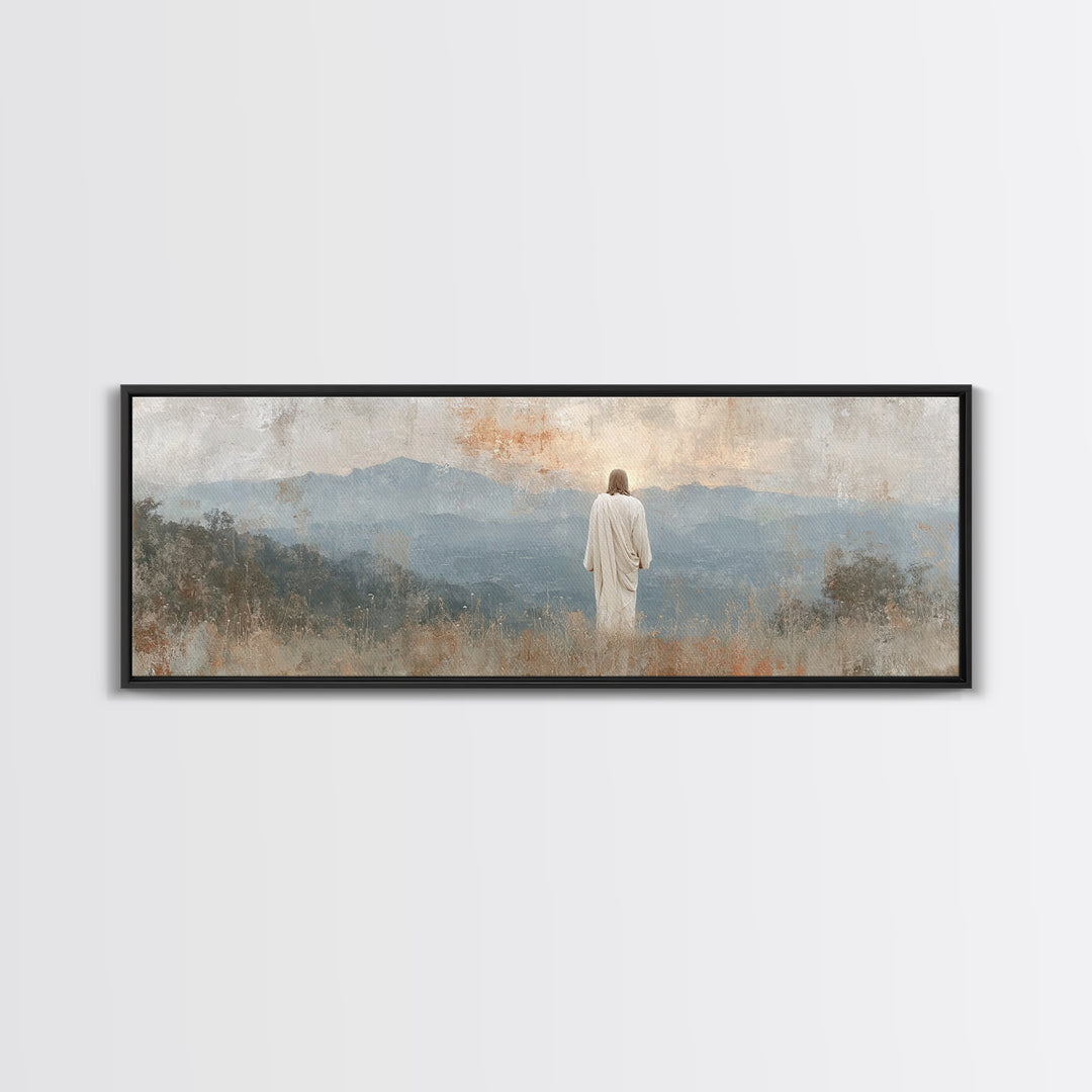 Quiet Mountain Mercy, Framed Canvas Print, Christian Wall Art, Jesus Painting, Panoramic Art, Christian Art Canvas, Christian Christmas Art