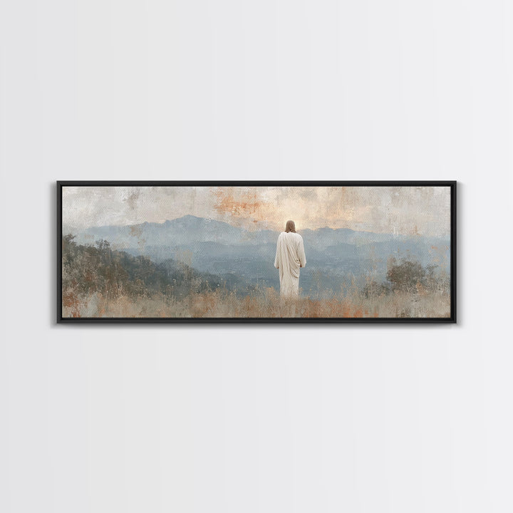 Quiet Mountain Mercy, Framed Canvas Print, Christian Wall Art, Jesus Painting, Panoramic Art, Christian Art Canvas, Christian Christmas Art