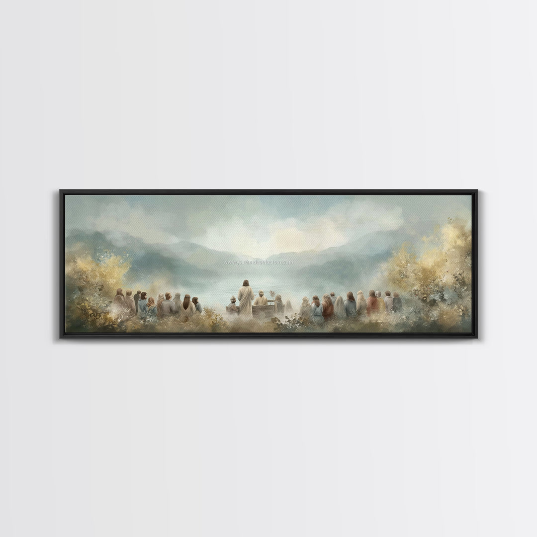 Sacred Shore Harmony | Framed Canvas Print | Christian Art Canvas | Panoramic Frame | Jesus Painting | Christian Decor | Christmas Wall Art