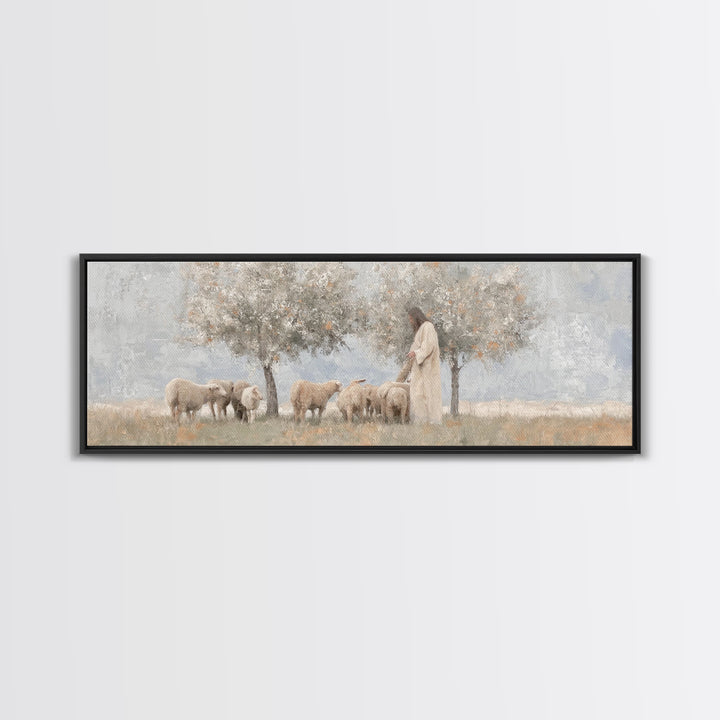 Olive Grove Shepherd, Framed Canvas Print, Panoramic Wall Art, Christian Art Canvas, Jesus Painting, Christian Decor, Christian Art