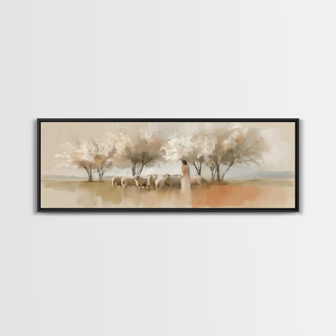 Spring Pasture Grace – Framed Canvas Print – Panoramic Print – Christian Art – Jesus Painting – Christian Gift Ideas – Christian Wall Art