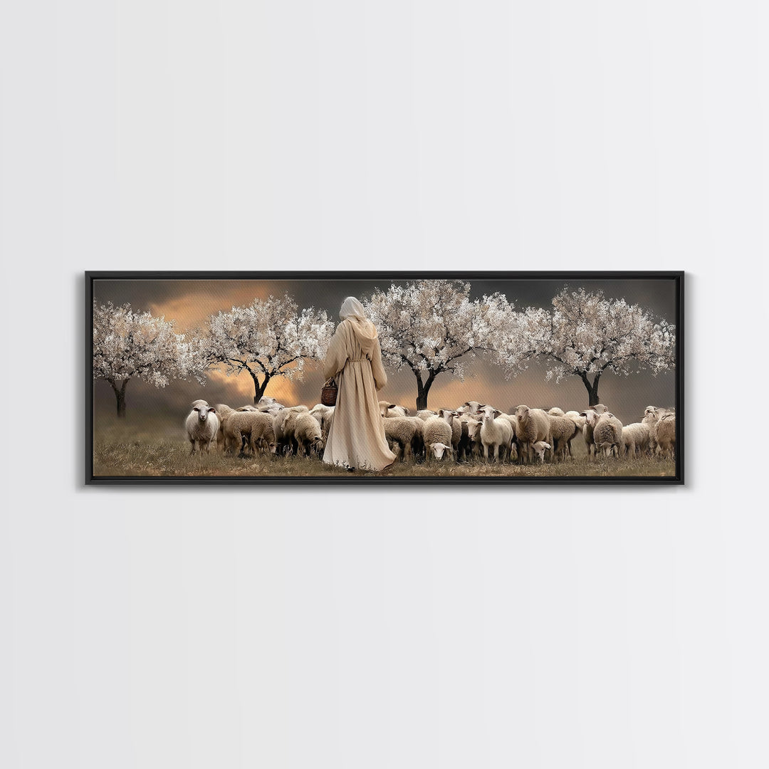 Twilight Shepherd Path – Framed Canvas Print – Panoramic Wall Art – Jesus Art Print – Christian Art Canvas – Christian Decor – Modern Chris