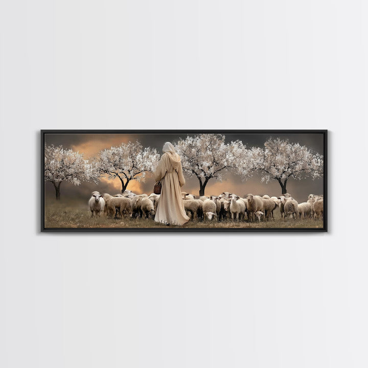 Twilight Shepherd Path – Framed Canvas Print – Panoramic Wall Art – Jesus Art Print – Christian Art Canvas – Christian Decor – Modern Chris