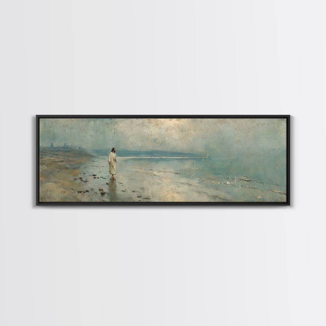 Shoreline Of Mercy, Framed Canvas Print, Christian Wall Art, Jesus Painting, Panoramic Wall Art, Christian Art Canvas, Christmas Art