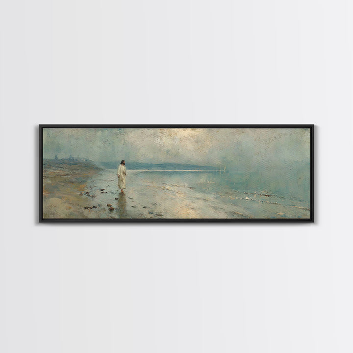 Shoreline Of Mercy, Framed Canvas Print, Christian Wall Art, Jesus Painting, Panoramic Wall Art, Christian Art Canvas, Christmas Art