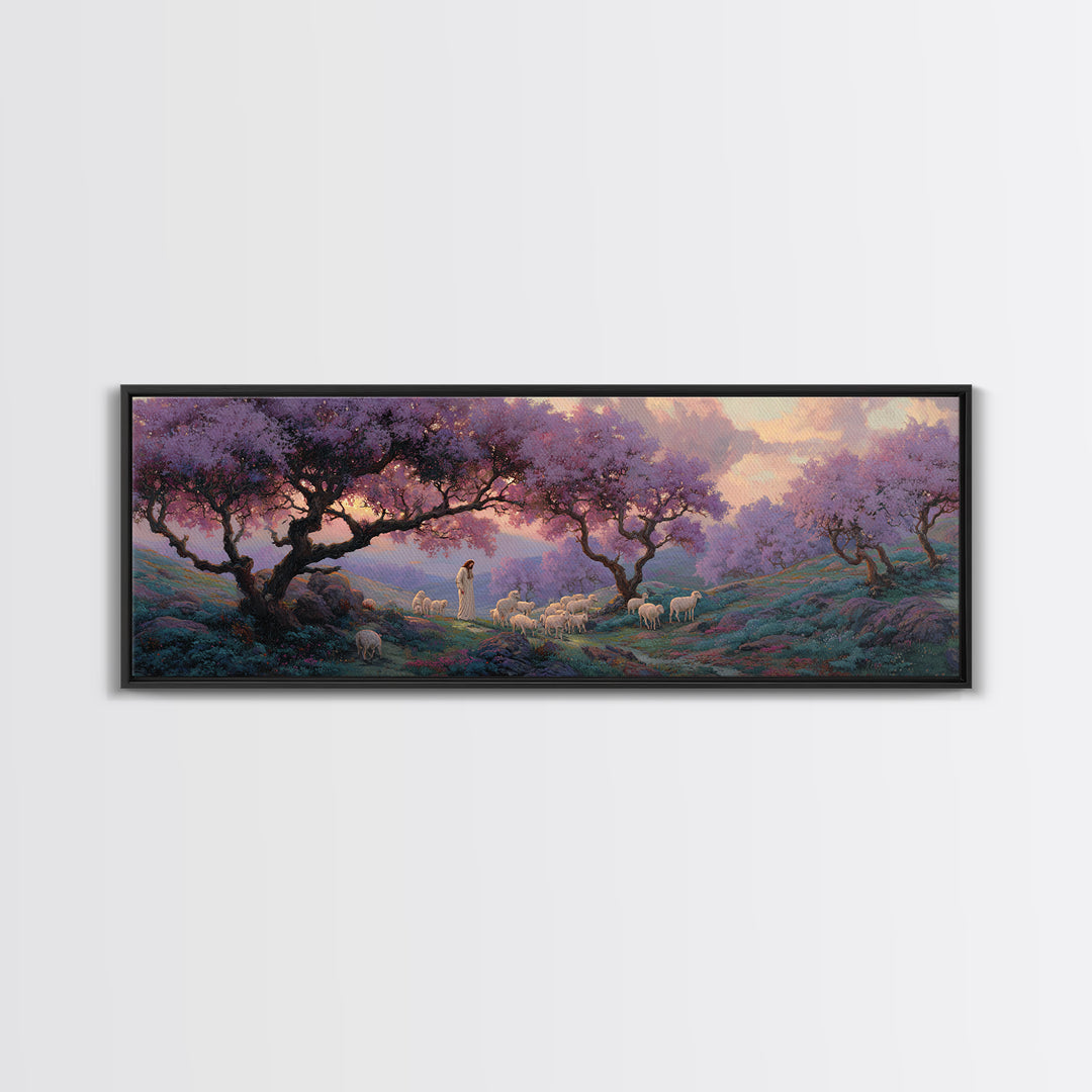 Lavender Hill Shepherd – Framed Canvas Print – Panoramic Painting – Christian Art Canvas – Jesus Painting – Christian Wall Art – Christmas